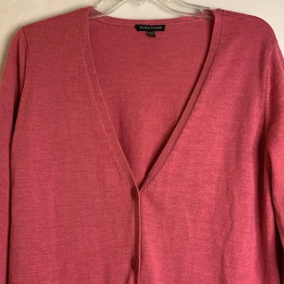 Eileen Fisher Merino Wool Pink Fushia Two Button V Neck Cardigan Size Large - Picture 2 of 13